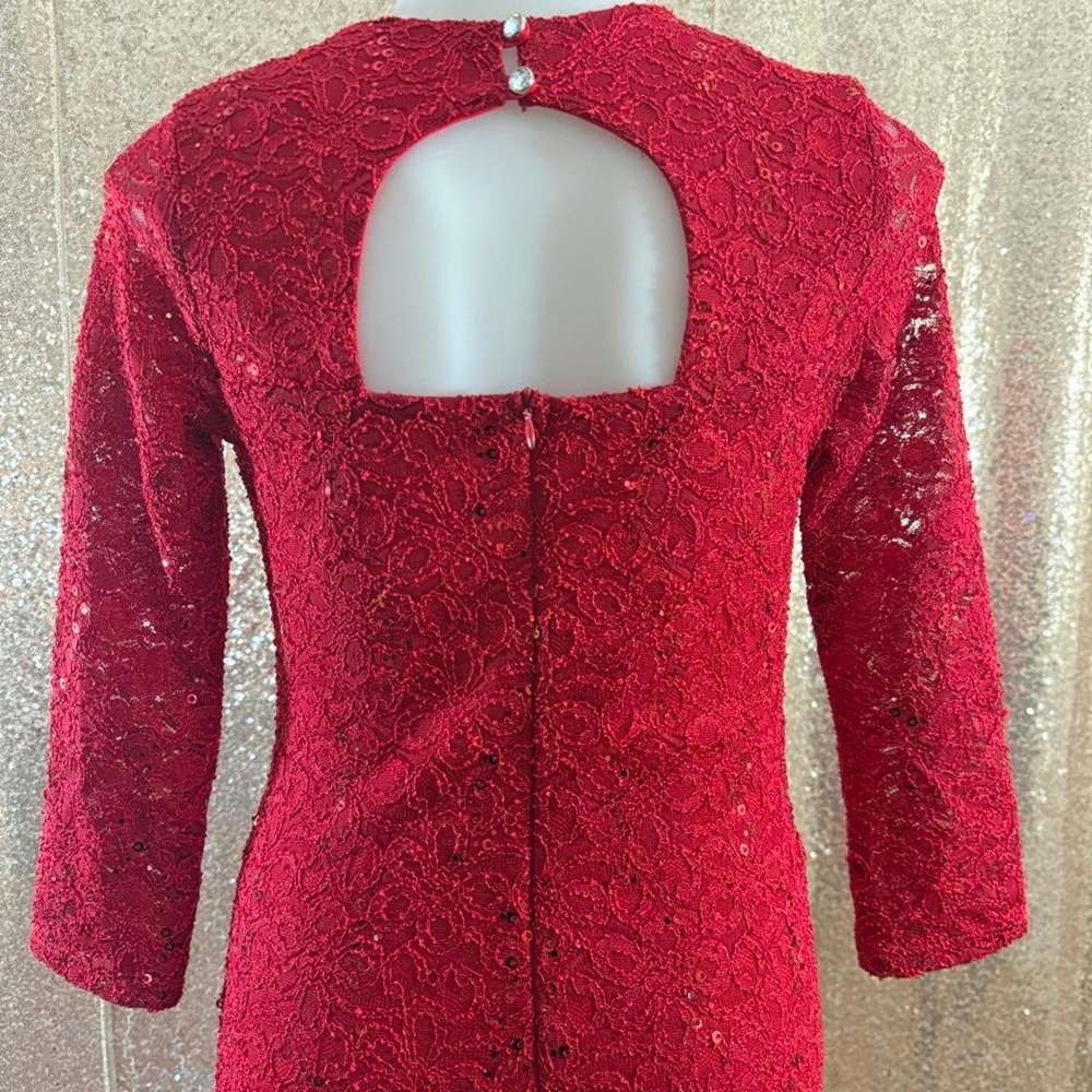 Red Lace Sequin Midi Dress V-Neck 3/4 Sleeve Back CutoutParty/Sizes S-M-L - Picture 8 of 8